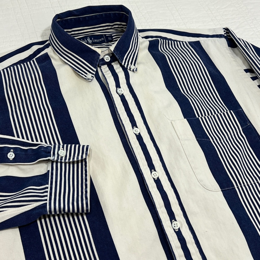 Vintage Ralph Lauren Mens XL Navy Cream Stripe Heavy Cotton Button Down Shirt